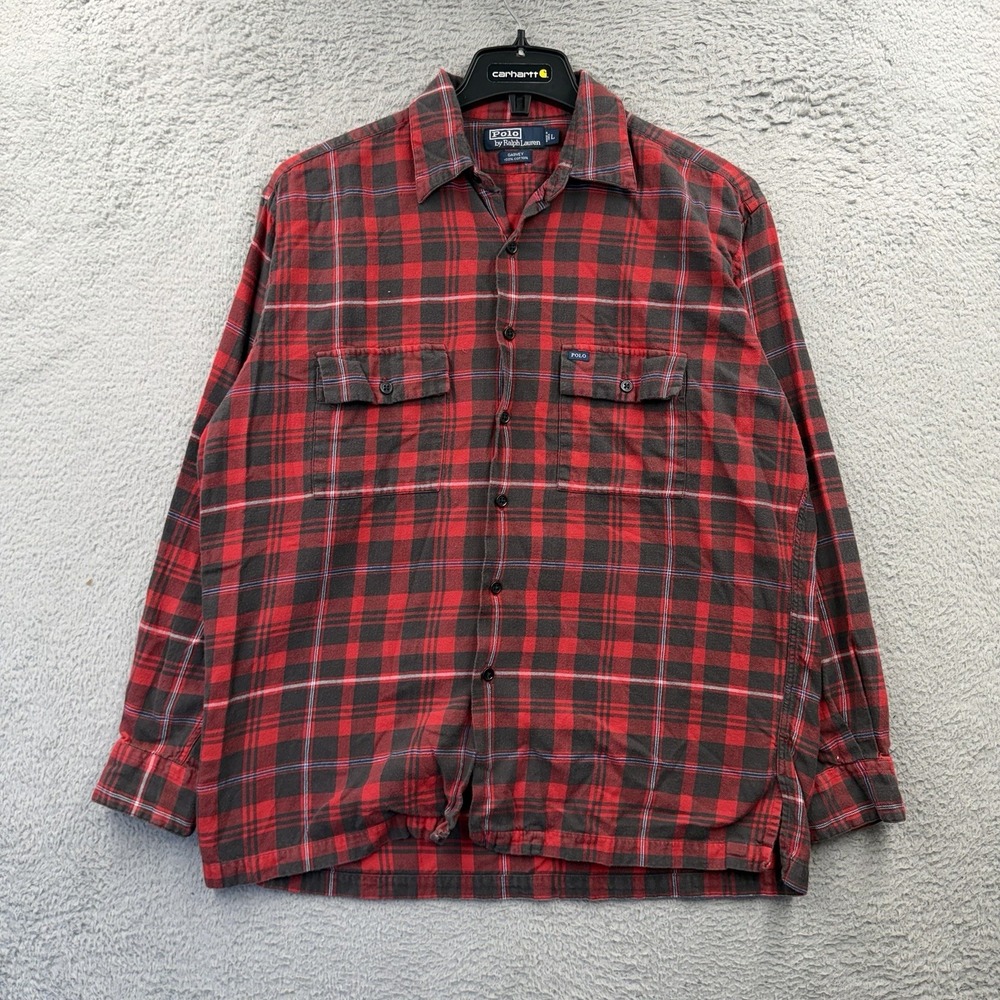 Men's Polo Ralph Lauren Garvey Flannel L Red Plaid Long Sleeve Button Up Shirt